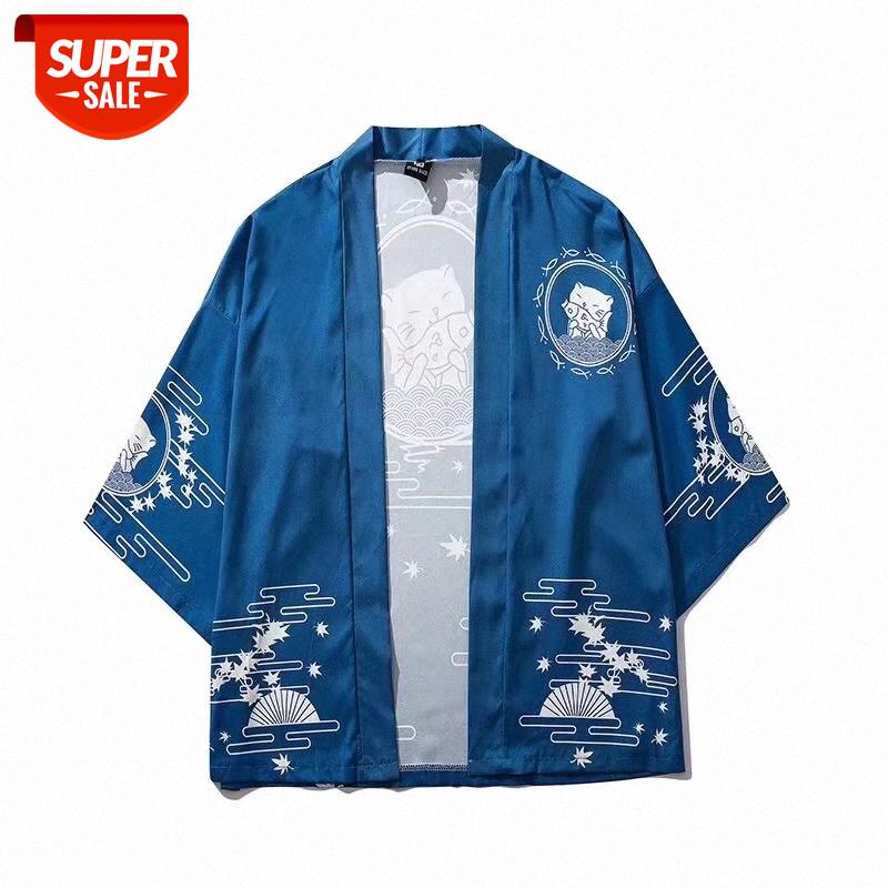 

Japanese Xiaoqing cat robe beach shirt vacation top five-point sleeve tee #GV9z, White;black