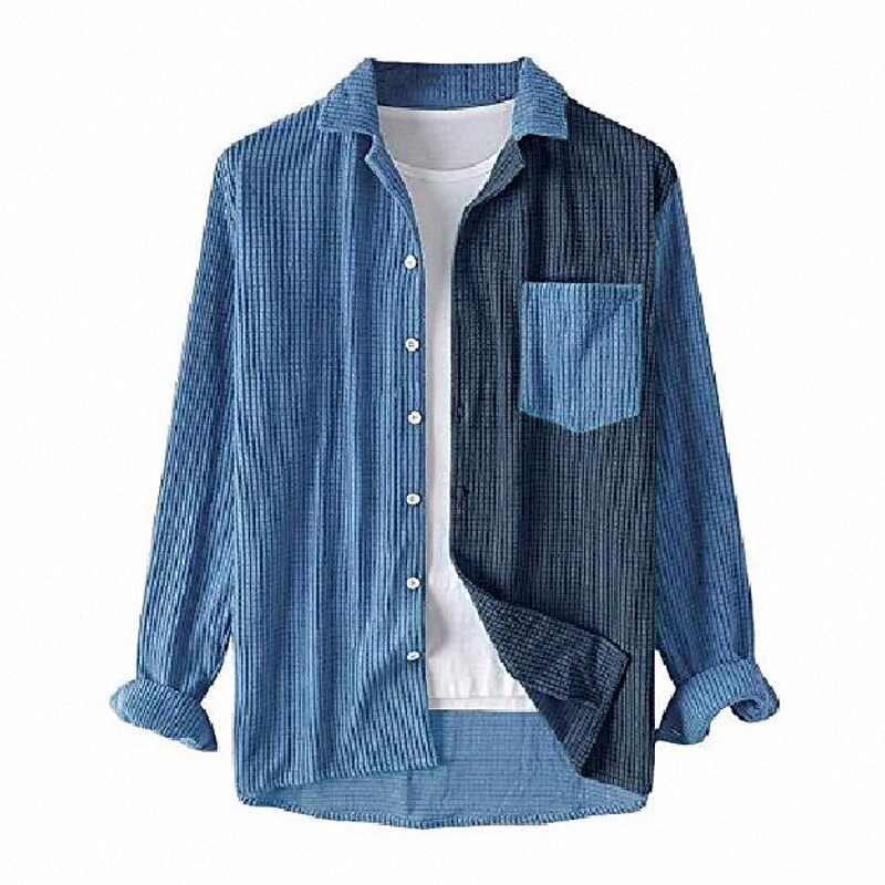 Mens côtelé Chemise Casual Patchwork Couleur Bloc Tops Bouton Up Veste de chemise à manches longues avec poche bleu Z90G #