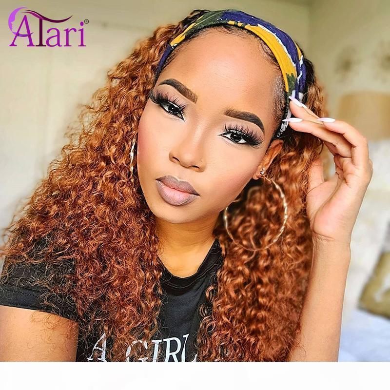 

Headband Wig Human Hair Brazilian Scarf Wigs for Black Women No Glue Water Wave Human Hair Wigs 180% Density Curly Headband Wig, Black;brown