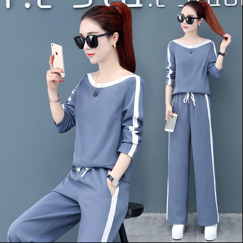 

spring split wide leg pants women tracksuits two piece set plus size loose casual sports suit khaki green blue black, Gray