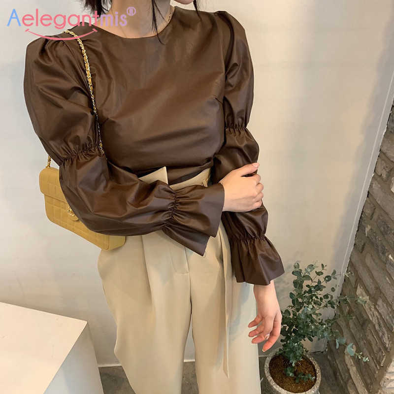 

Aelegantmis Korean Casual Puff Sleeve Loose PU Leather Shirt Women Lace Up Backless Blouse Female Retro Faux 210607, Brown