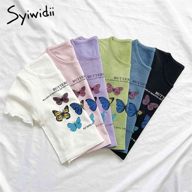 

T Shirts for Women Crop Tops Knitted Short Sleeve Summer Tshirts Fashion Clothing White Purple 210607