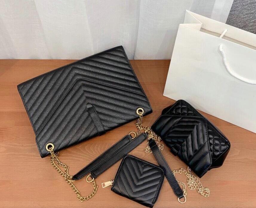 

Fashion 3pcs/set Crossbody Handbags sheepskin caviar metal chain gold women Handbag Leather bag Flip cover diagonal Shoulder Bags YL4512, Black