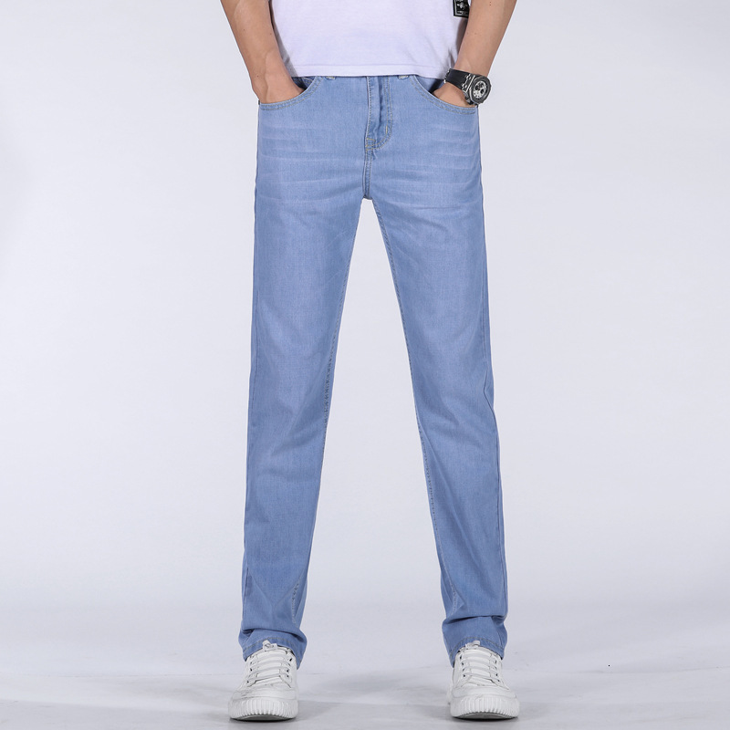 

2021 Spring Summer Style Utr Thin New Younger Mid-waist Straight Casual Full Length Zipper Fly Fashion Distressed Hole Men Jeans 8f1j, Sky blue
