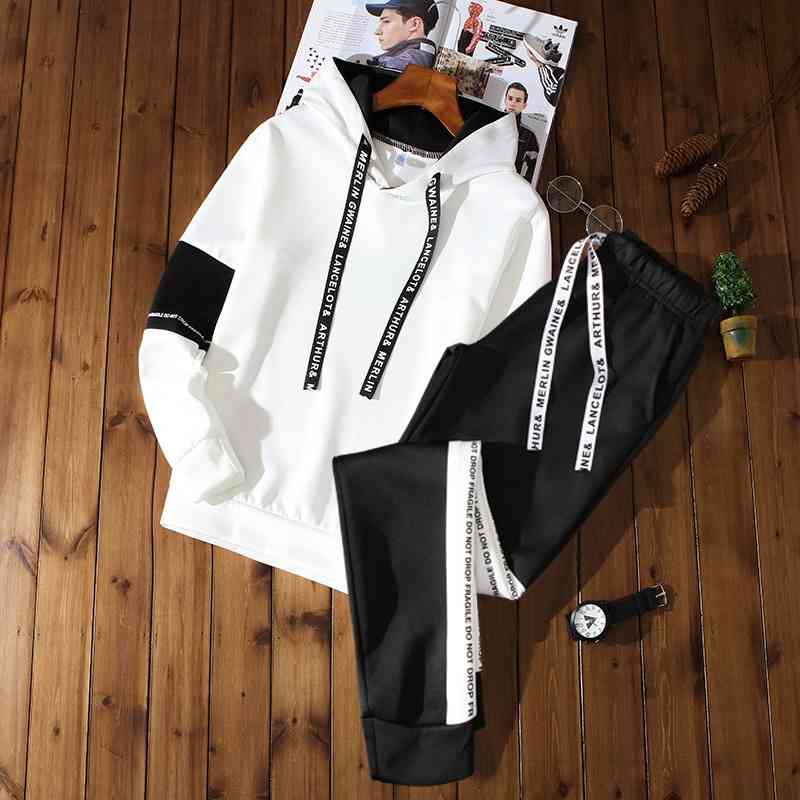 

Men's leisure suit 2021 spring autumn men's hooded Pullover Sweater and trousers letter printing color matching two-piece set, White