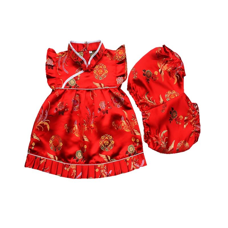 

Clothing Sets Baby Girls Clothes Chinese Style Vintage Shorts Set Brocade Floral Tops Qipao Shirt 2 Pcs Red Cheongsam Outfits, Phoenix