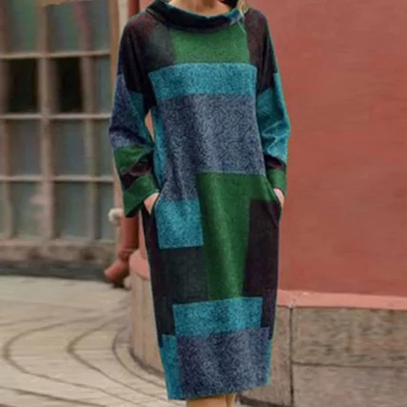

2021 New Fashion Patchwork Women Long Sleeve Es Ladies Pocket o Neck Vintage Color Print Female Casual Mini 9qco, Gray