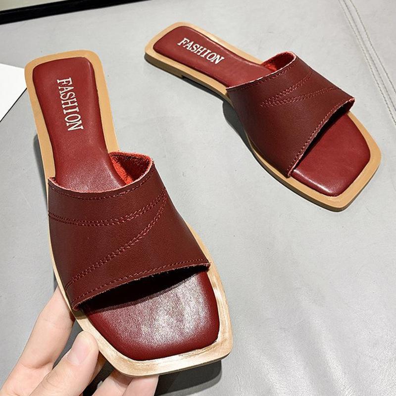 

2021 Genuine Leather Slides Women Flats Slaps Open Toe Mules Summer Sandals Female Burgundy Outdoor Casual Slippers Cheap Shoes, White2