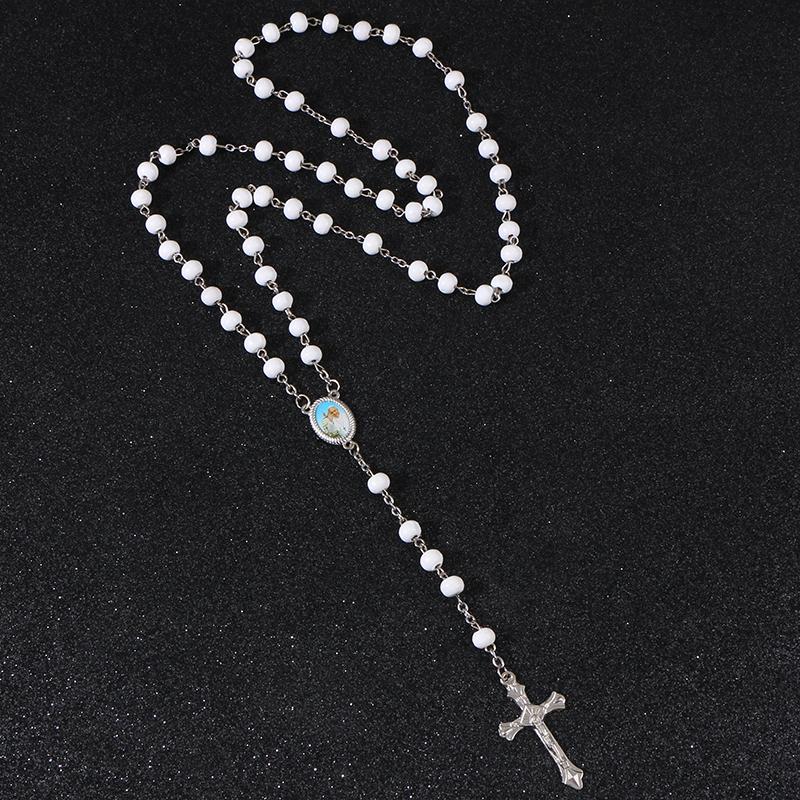 Pendant Necklaces KOMi Christ Religious White Wooden Rosary Beads Chain Cross Necklace Bracelet Jewelry Fashion Gifts R-197-image-703425220