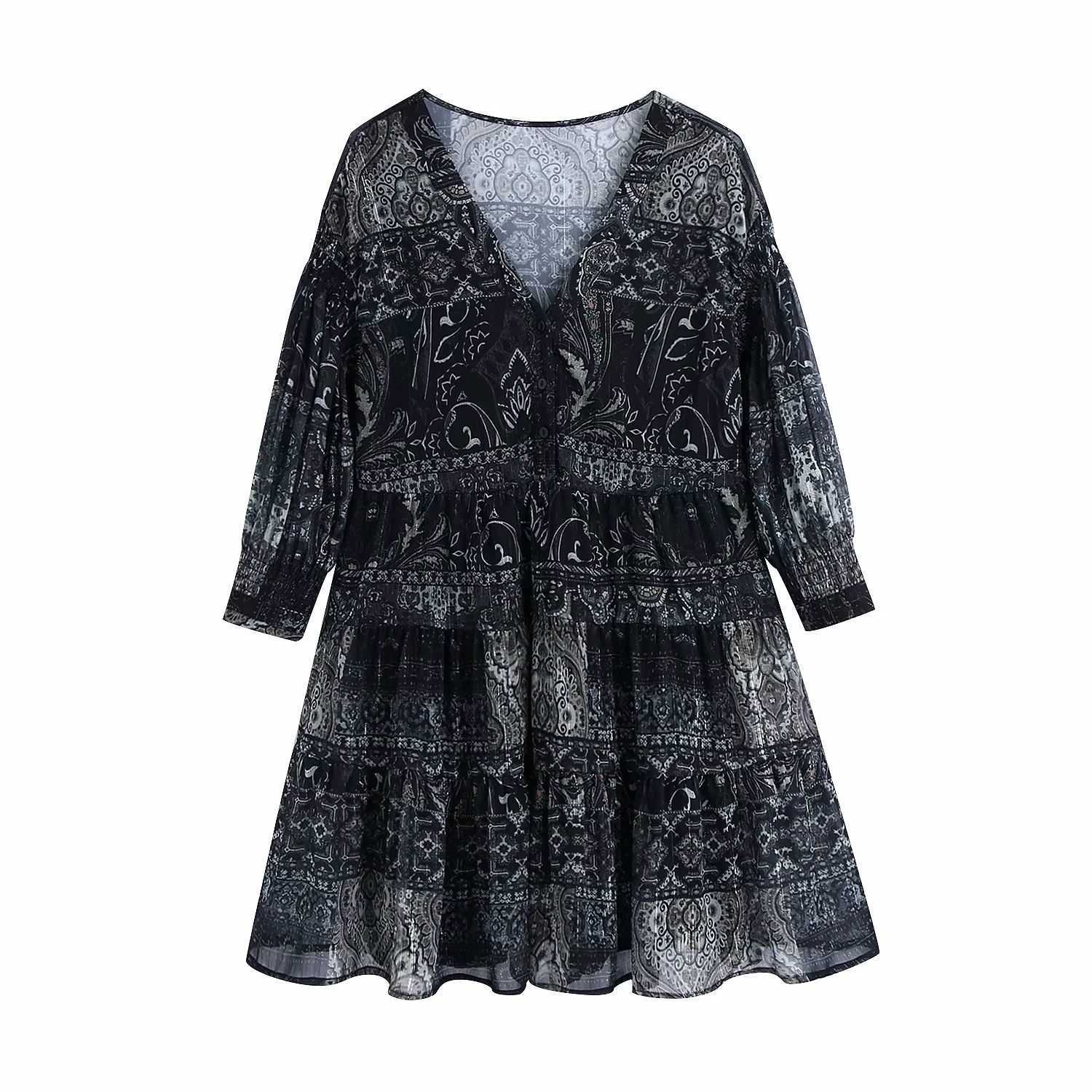 

Women Dress Chiffon Printed V-neck Short Mini dress Long Sleeves Chic Lady elegant Vintage Casual Woman Dresses 210709, As picture
