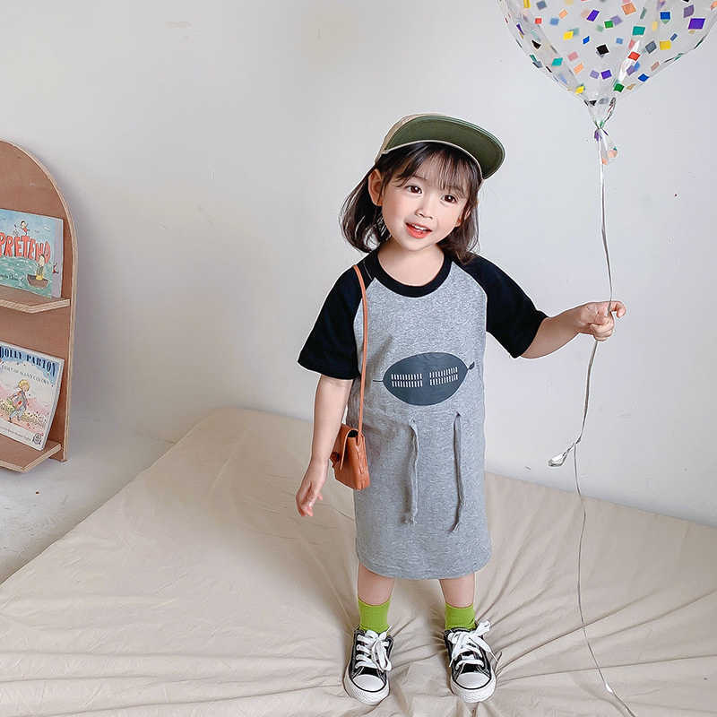 

Summer cute girls patchwork print short sleeve loose hoodies dress 1-6 years children clothes cotton casual princess 210615, Gray