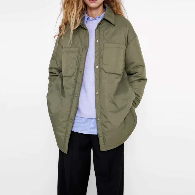 

Winter Fashion New Arrival Turn Down Collar Long Sleeve Shirt Coats Bla Green Women Parkas With Poets Mujer Solid Jaets, Black