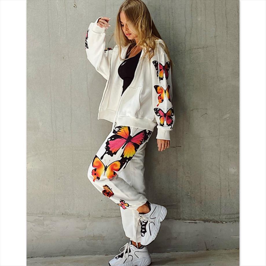 

2 pieces set autumn tracksuit womens tracksuits butterfly printed sports suit long sleeve zip hooded jackets pants white black, Gray