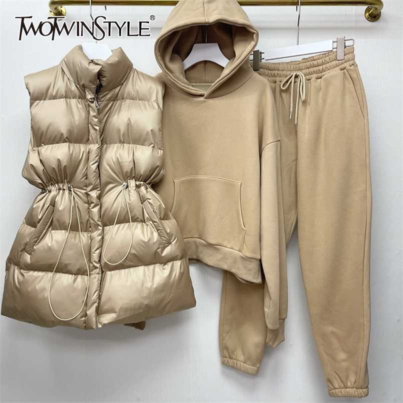 

TWOTWINSTYLE Casual Loose Three Piece Set Women Hooded Pocket Sweatshirt Gathered Waist Coat High Waist Pants Women's Set Autumn 211109, Khaki