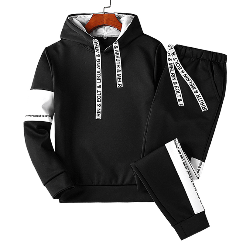 

2021 New Spring Causal Mens Tracksuit Men Gym Straight 2 Piece Jogger Set Long Sleeve Hip Hop Highstreet Sportwear Suit Male 80t1, Black tracksuit