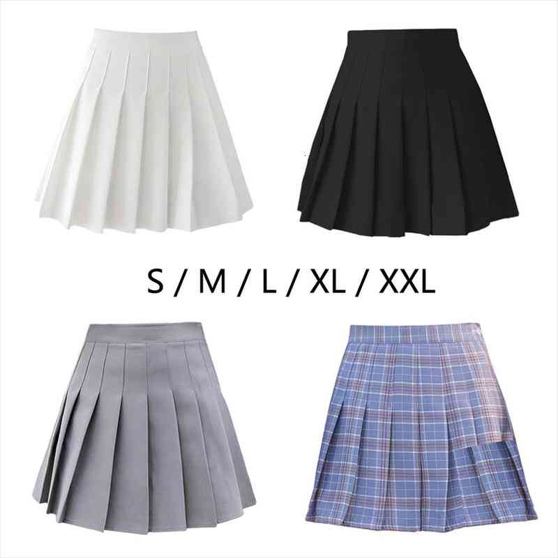 

girls high waist pleated womens skirts solid skater tennis school uniforms mini cosplay costume cheerleader, Black