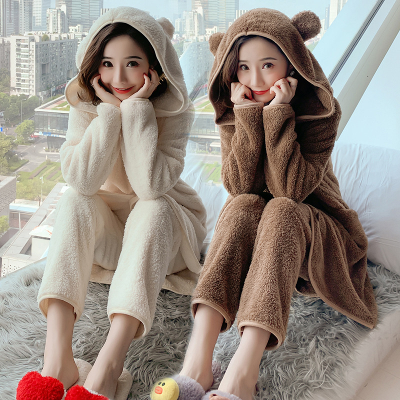 

New Winter Fever Sweet 2pcs Pajamas Females Flannel Home Wear Cricket Teddy Bear Shirt & Blonde Dress to Hot Bowls Nightwear Fwy8, Beige