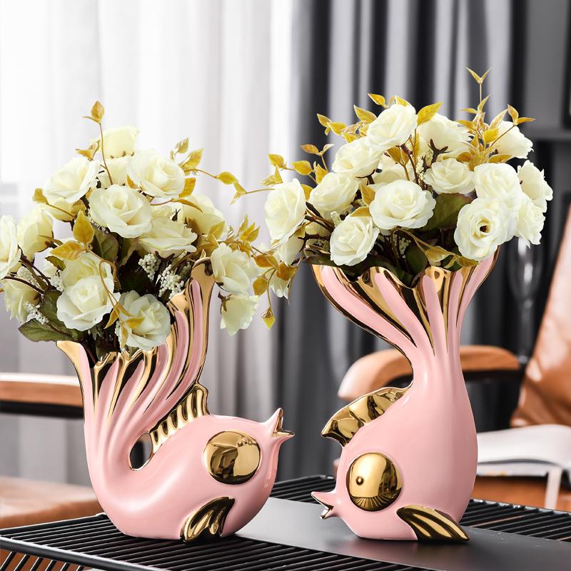 

2Pcs/set Goldfish ceramic vase With flowers arts and crafts Couples fish vases miniature figurines home decoration Wedding gifts