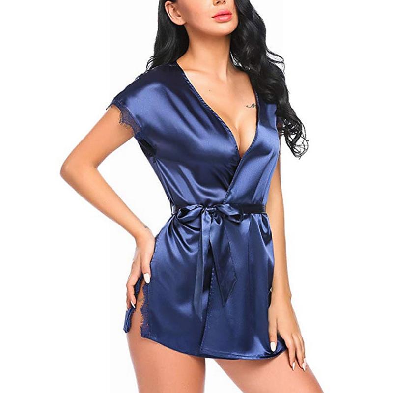 

Satin Silk Robes Pajamas Women Lace Sleepwear Solid Short Sleeves Bathrobe Ladies Home Service Set Kimono Casual Soft Nightwear, Bk
