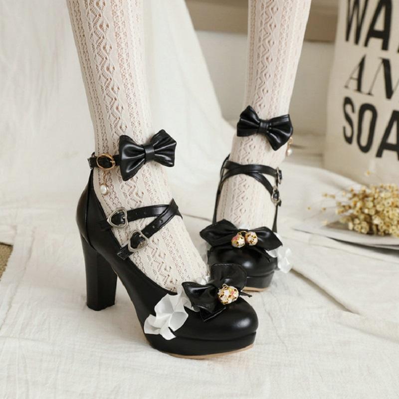 

Dress Shoes IPPEUM Women High Heels Lolita Pendant Lace Straps Bow Cute Girls Princess Tea Party Pumps Students Lovely, Black