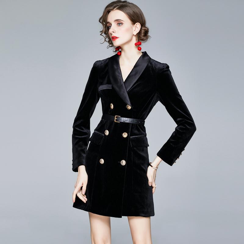 

Women' Jackets Runway Fall Winter Gold Velvet Jacket Vintage Elegant Slim Female Coat Outerwear Top With Belt Dress Vestido, Black