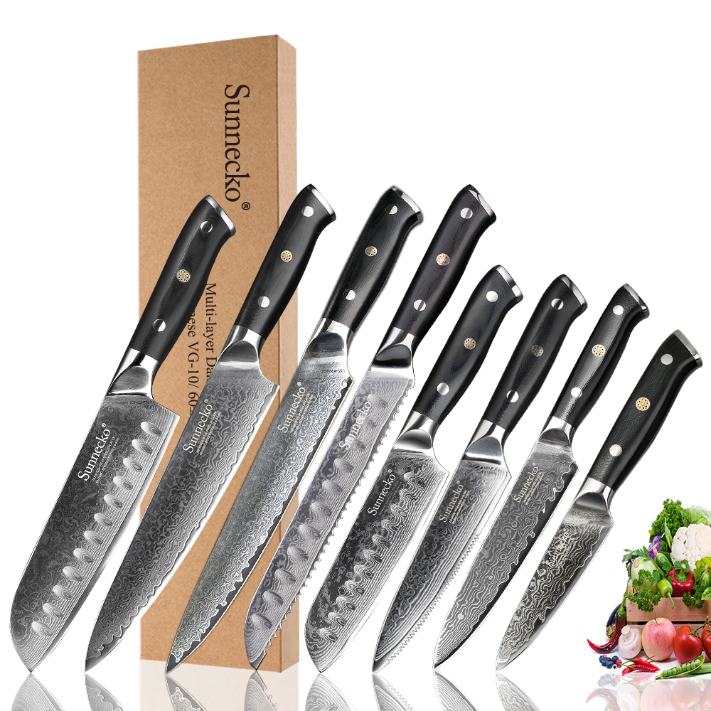 

SUNNECKO 1-8pcs/set Damascus Chef Kitchen Knives Japanese VG10 Stee Sicing Santoku Steak Utiity Paring Bread Knife G10 Hande