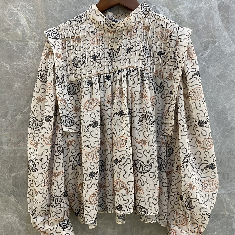 

2021 New Spring Women Pleated Blouse Ladies Vintage Printed Stand Collar Long Sleeve Loose Shirt and Tops 8zps, Black