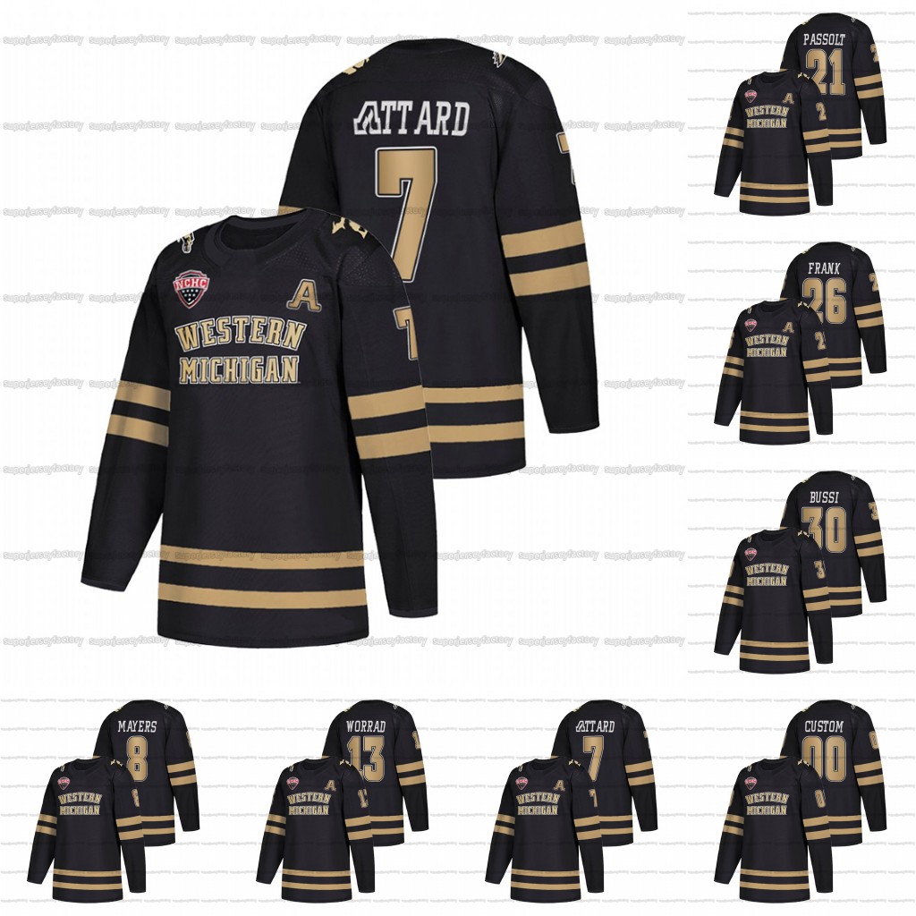 

Custom West Michigan Broncos Black NCAA College Hockey NCHC Jersey 7 Ronnie Attard 26 Ethen Frank 8 Jamal Mayers 13 Drew Worrad 21 Josh Passolt 30 Bussi