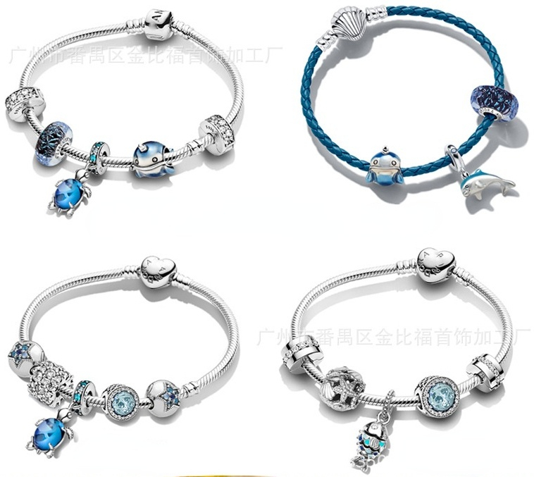 

Genuine S925 Sterling Silver Fit Pandora Bracelet Summer Blue Turtle Fantasy Ocean Bracelet Set DIY Bead Love Heart Blue Crysta Charm For DI, Black