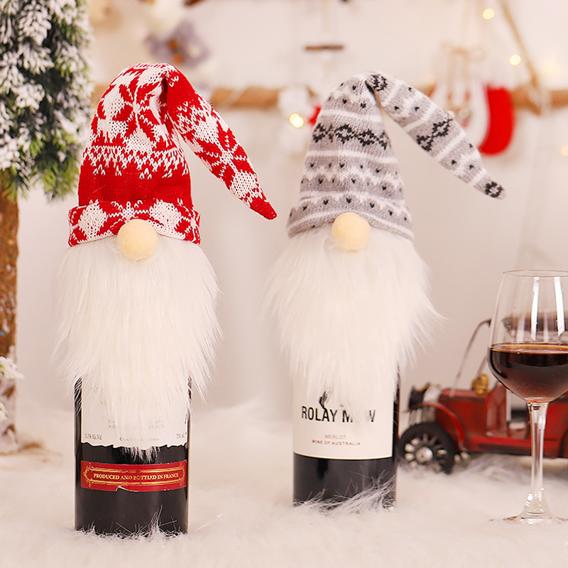 

2022 New Year Christmas Gift Bags Holder Santa Claus Wine Bottle Dust Cover Christmas-Decorations for Home Xmas Stocking Decor Knitting Wool