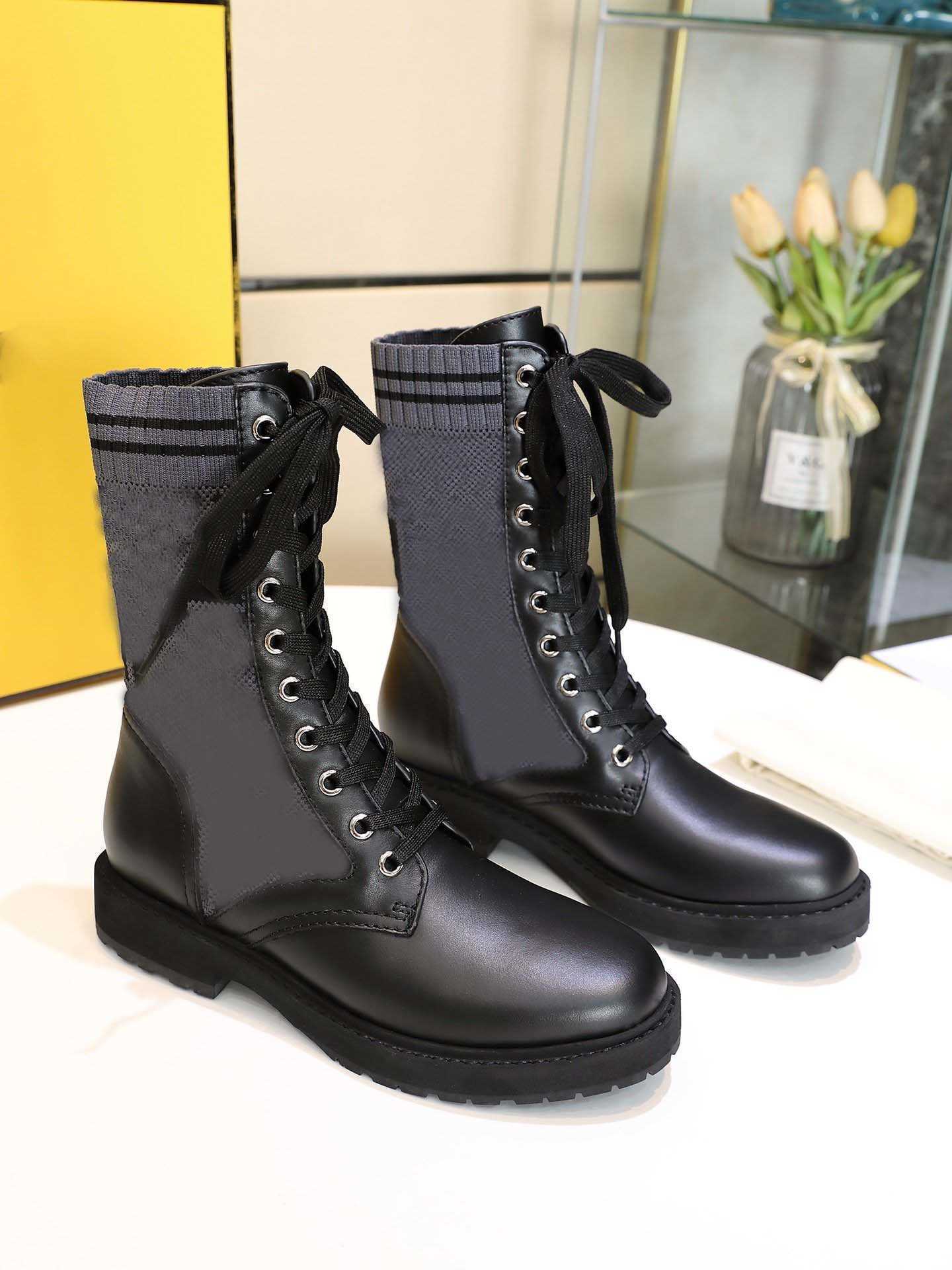 2022 Luxury Designer Women ROCKOKO Black Leather Biker Boots with Stretch Fabric Lady Combat Ankle Flat Shoes SIZE EUR 35-42