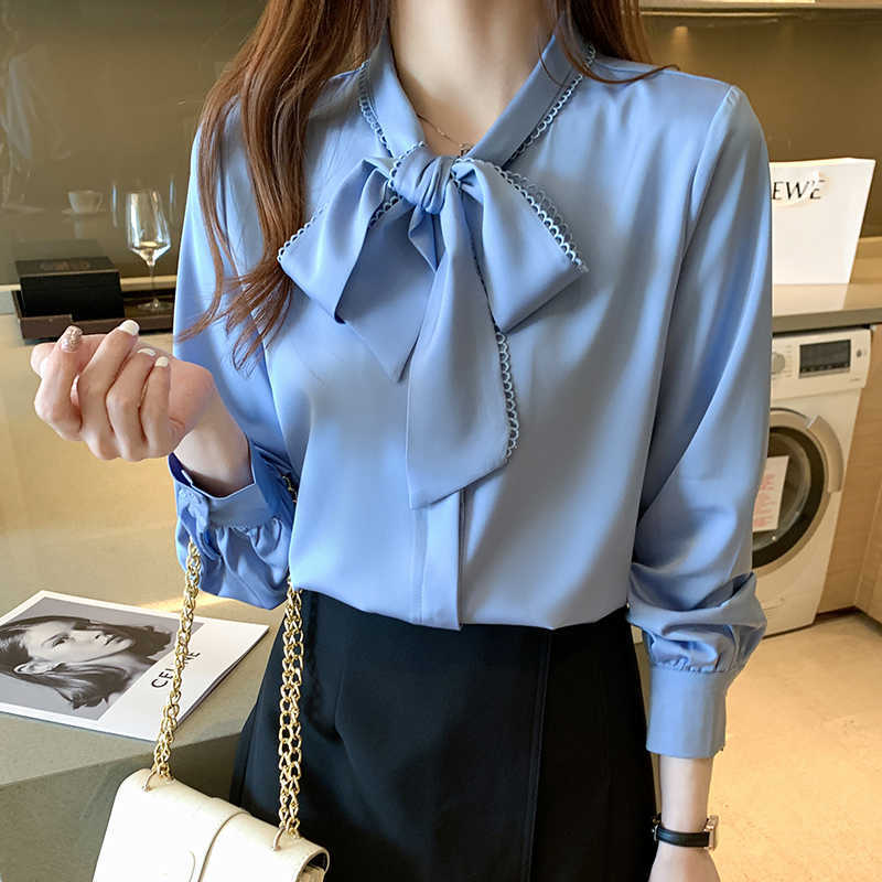 

Korean Women Silk Blouses White Shirts Woman Satin Long Sleeve Bow Hollow Out Blouse Tops Plus Size 210604
