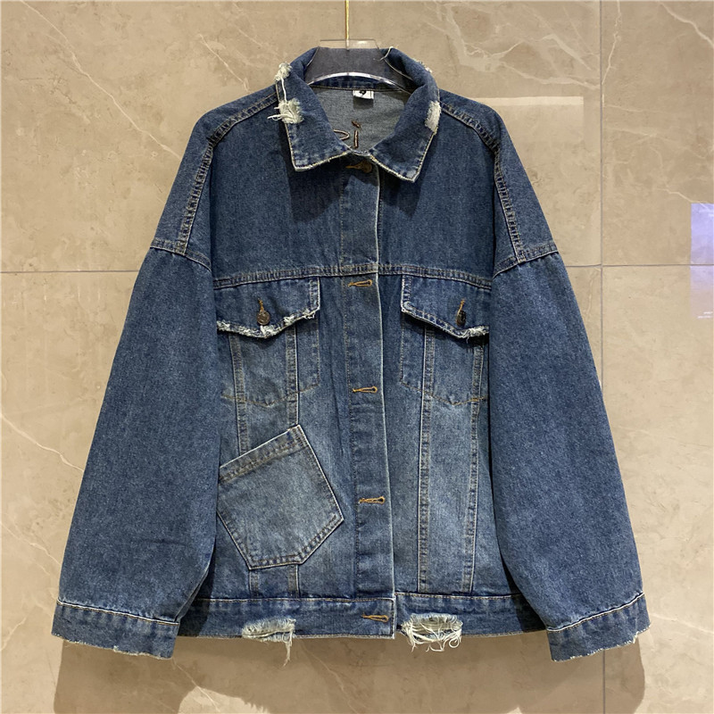 

Women's T-Shirt jean jacket embroidered with drawing, long-sleeve jeans fashion hole pocket, for fall, casual loose coat QSPE, 1# shoe box