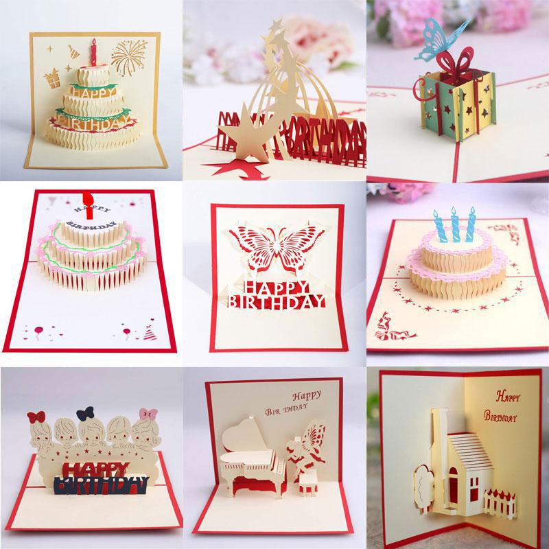 

10 Styles Mixed 3D Happy Birthday Cake Pop Up Blessing Greeting Cards Handmade Creative Festive Party Supplies