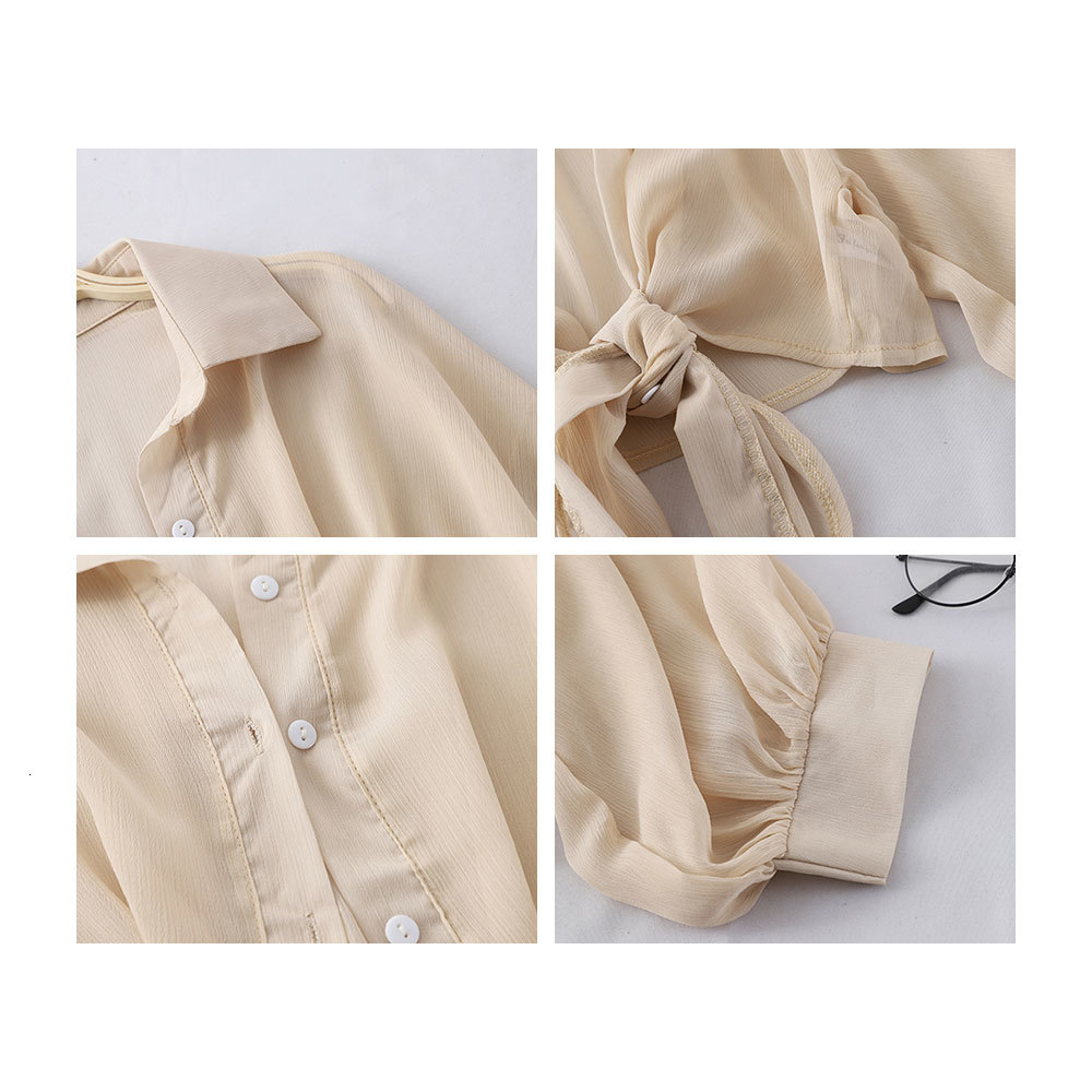 

2021 New Summer Batwing Sleeve Cropped Tops Casual Chiffon Blouses Women Elegant Solid Turn Down Collar Shirt Bowknot Tunic C5tj, Beige