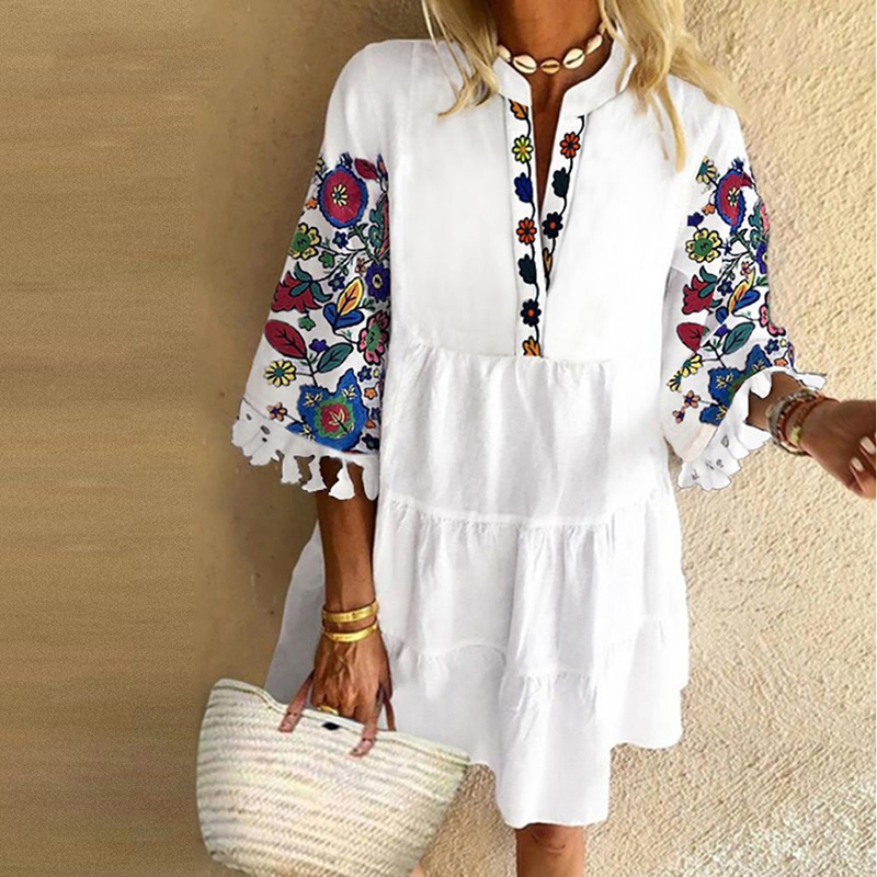 

Casual dress summer slims waist slim temperament goddess fan light mature style women's short skirt white 3 / 4 sleeve