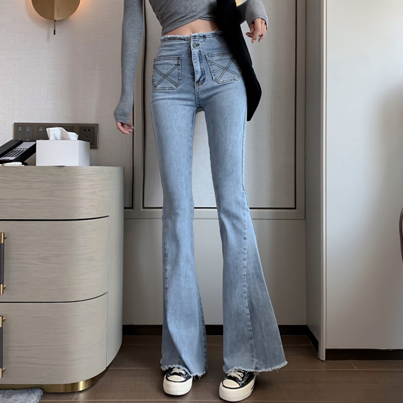 

2021 New Harajuku Flare Pants Woman Ripped Vintage Jeans for Women Slim Fit High Waist Elastic Ny Denim Trousers Streetwear O6qa, Blue