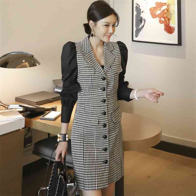 

autumn and winter European American commuting temperament houndstooth stitching thin single-breasted dres 210603, Black