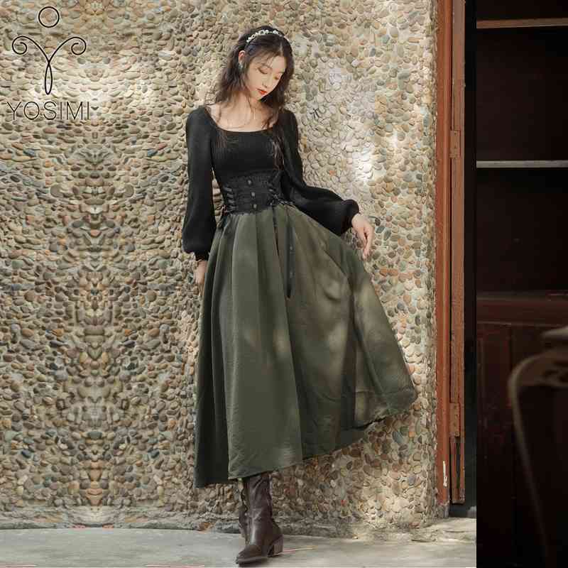 

YOSIMI Women Two Piece Outfits Vintage spring Full Sleeve Pullover Sweater and lace Skirt Ankle-Length 2 Sets 210604