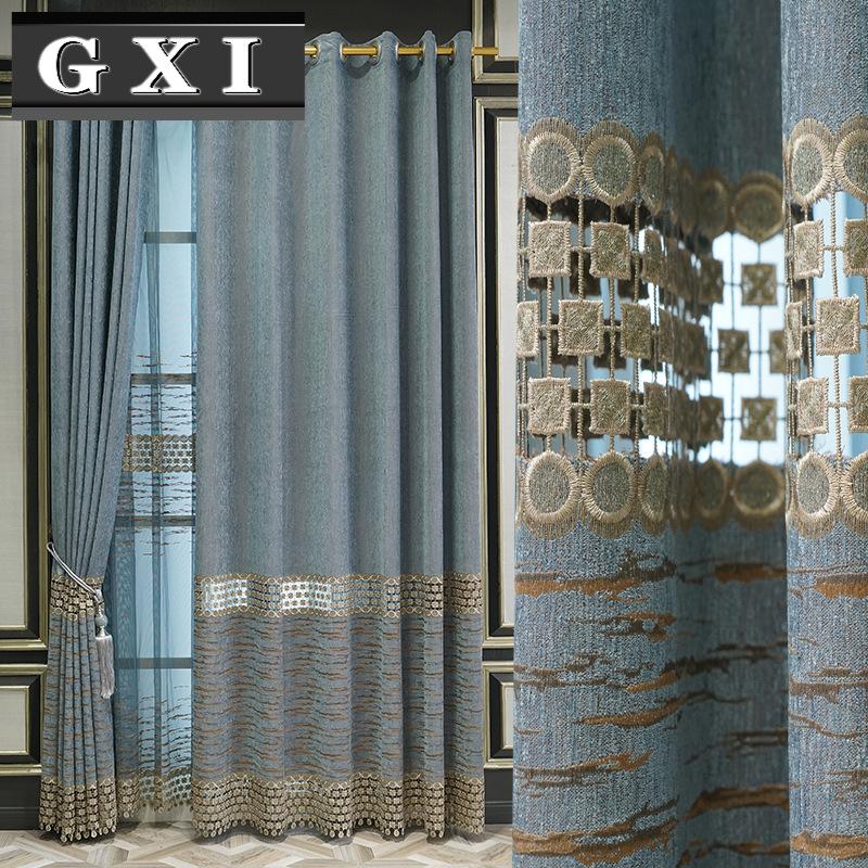 

European Hollow Blue Luxury Curtains for Living Room Bedroom Window Drapes Chenille Thermal Insulated Semi Blackout Curtain, Tulle