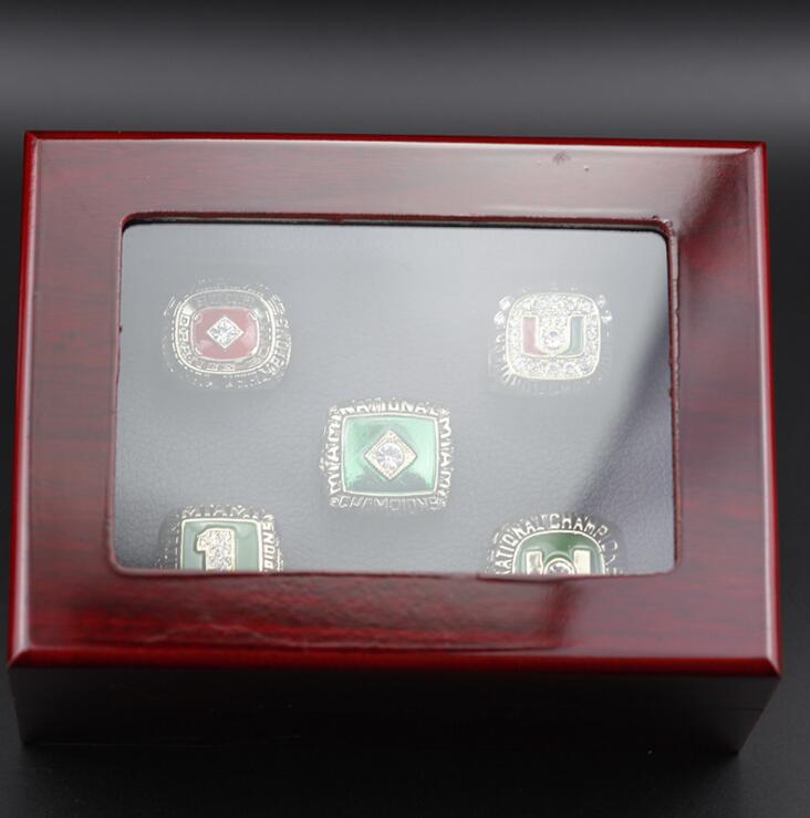 

5 Pcs 1983 1987 1989 1991 2001 Miami Hurricanes National Championship Ring Set With Wooden Display Box Case Fan Gift 2021 Drop Shipping, Golden;silver