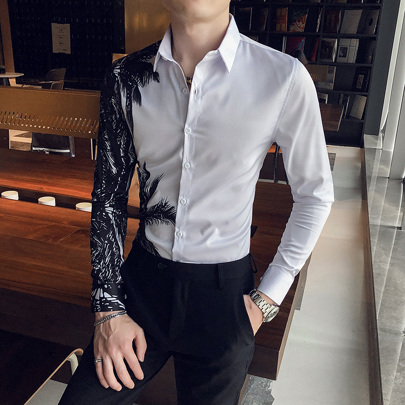 

New Chemise Blanche Homme Primavera Nova 2021 Moda Manga Longa Camisas Impressas Para Roupas Masculinas Simples Fino Ajuste Clube Casual 3xl, White