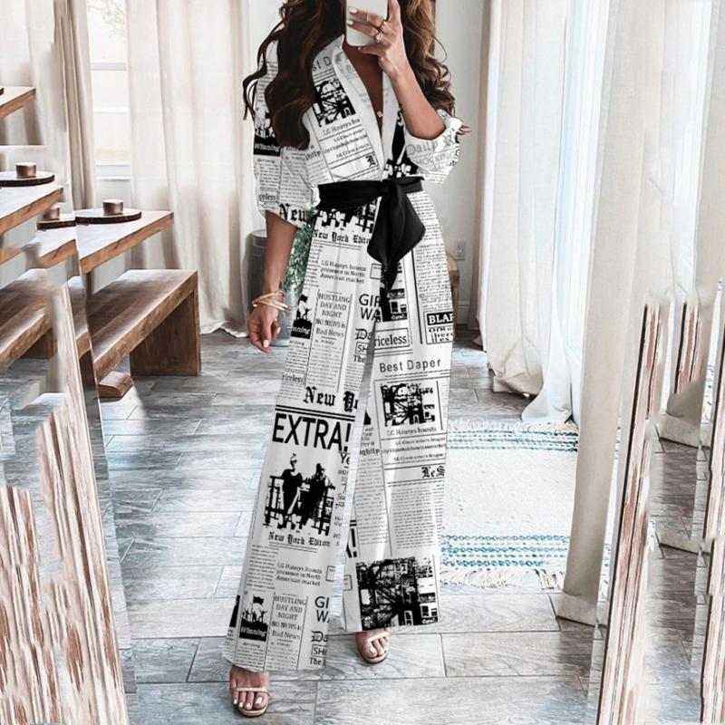 

Women's Pants & Capris Office Lady Wear Jumpsuits Print Wide Leg Pant Women Long Sleeve Jumpsuit With Straps And Waist Buttons Straight, Black;white