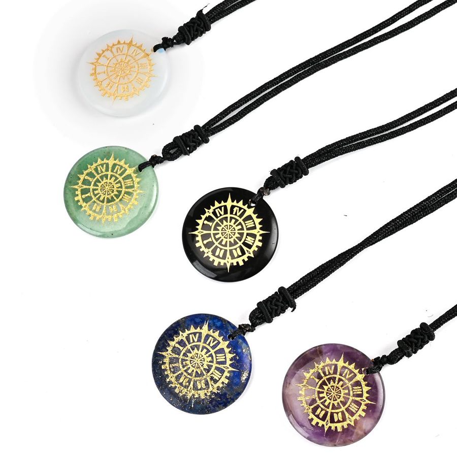 

Natural Stone Fashion Charm Pendant Engraved Roman Clock Pattern Reiki Symbol Necklace Amethyst Rose Quartz Opal Obsidian Healing Crystal Jewelry Wholesale