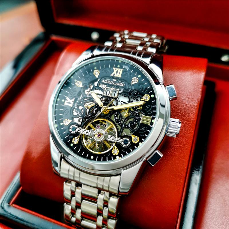 

Wristwatches AOKULASIC 2021 Men Automatic Mechanical Watches Mens Hollow Design Waterproof Sport Watch Luxury Full Steel Reloj Hombre, Black