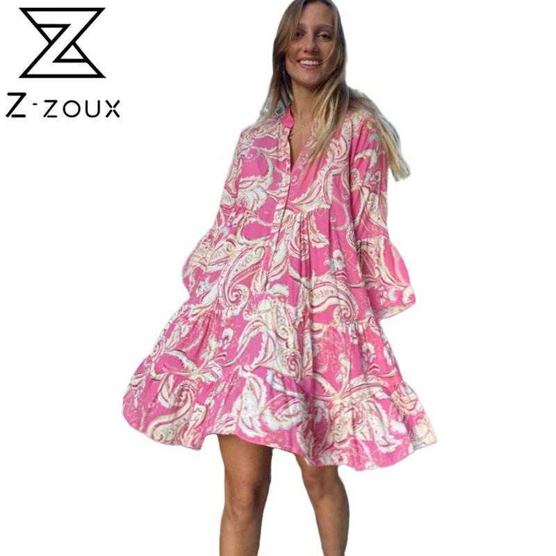 

Women Dress V Neck Flare Sleeve Printed Bohemia es Short Print Floral Mini Loose Leisure Beach Summer es 210524, Pink