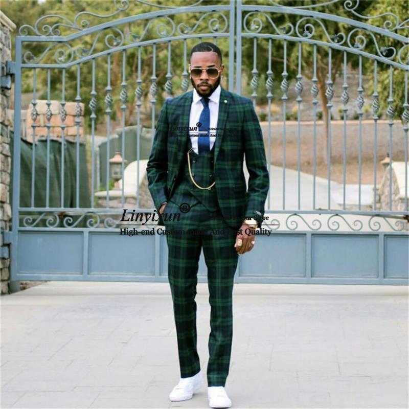 

Men's Suits & Blazers Vintage Green Plaid Mens 3 Pieces Jacket Vest Pants Set Groom Wedding Tuxedos Fashion Male Prom Party Blazer Costume H, As pic