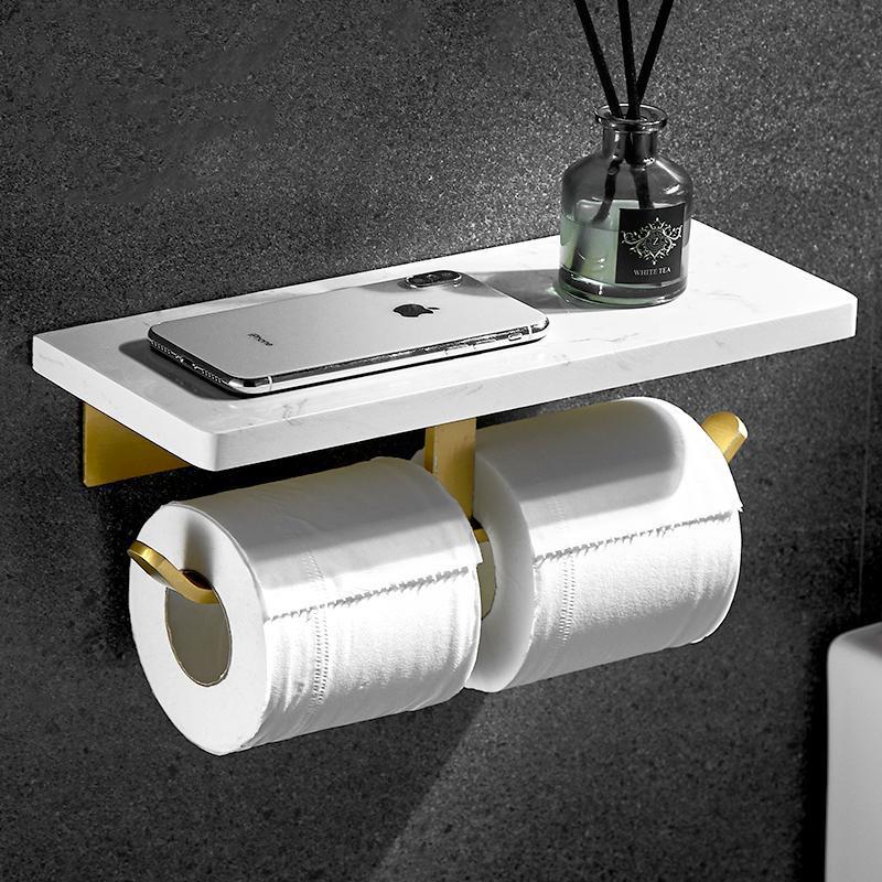 

Toilet Paper Holders Brushed Gold Aluminum & Marble Bathroom Roll Holder Bath Mobile Phone Towel Rack Tissue Shelf Wall Mount Nail Punch