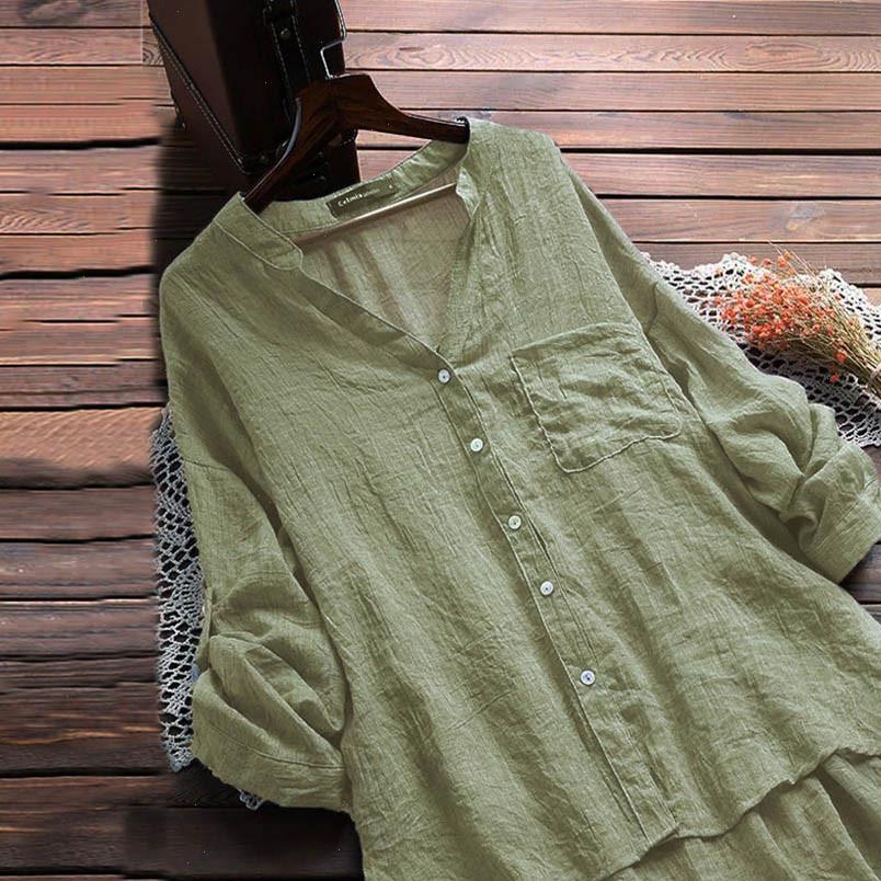 

Women Tops and Blouse Casual Cotton Line Long Sleeve V neck Pocket Office Shirt Chiffon Blouse Shirt Casual Tops Plus Size 5%, White