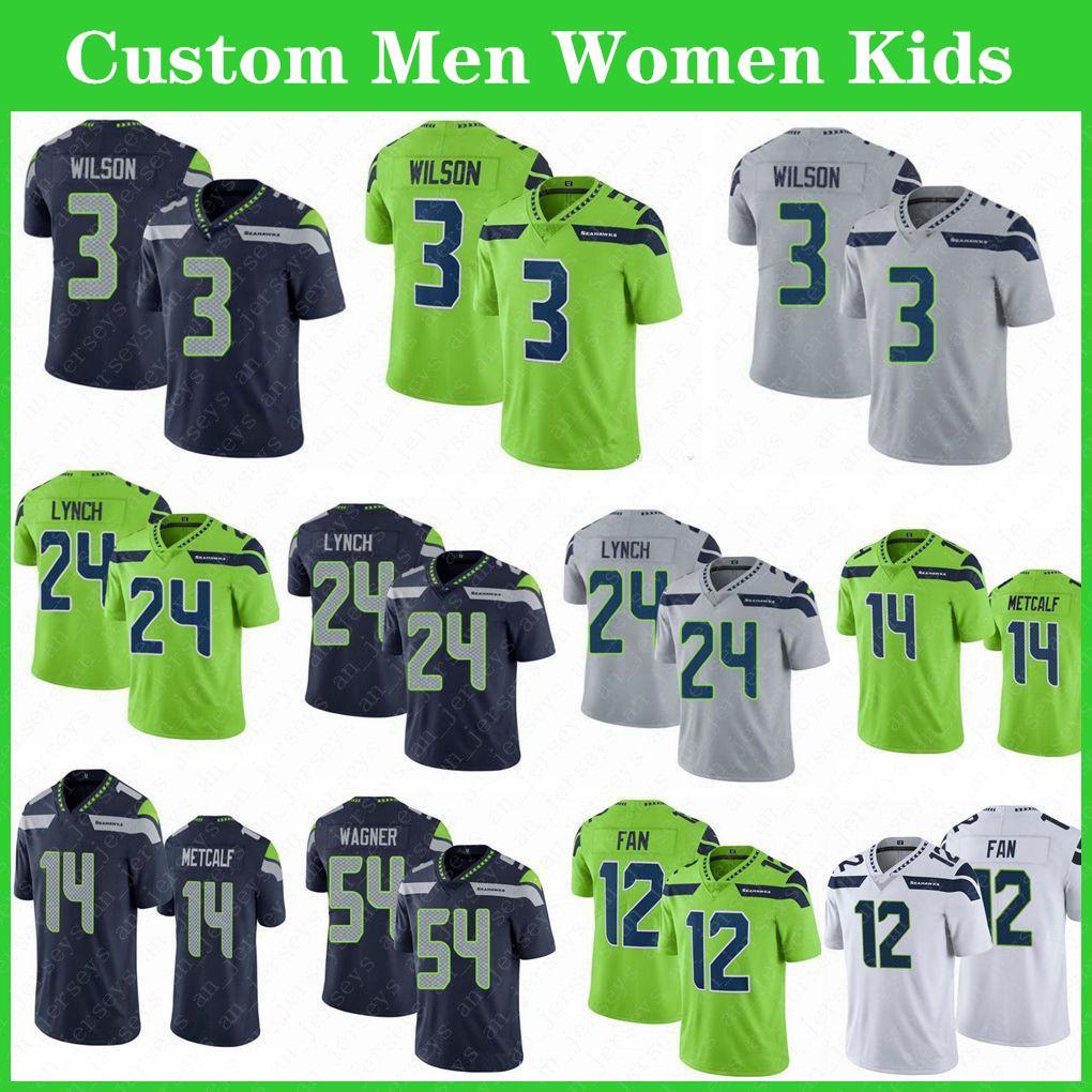 

3 Russell Wilson Custom Men Women Kids Football Jerseys 14 DK Metcalf 24 Marshawn Lynch 16 Tyler Lockett 33 Jamal Adams Fan Bobby Wagner, Green